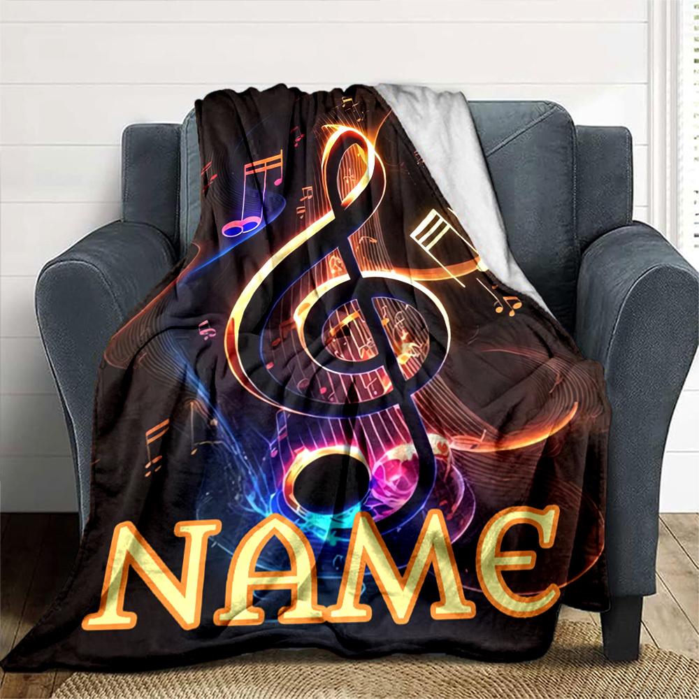 Musical Notes And Treble Clef Glow Cozy Personalized Blanket Personalized Text Comfortable Texture Perfect For Sofa Couch Office Bed Picnics Ideal For