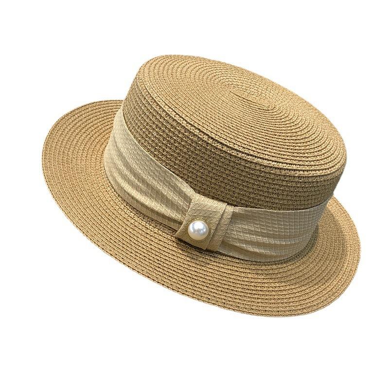 Sunscreen Hat Women's French Flat-top Pearl Top Hat Summer British Celebrity Style Casual Versatile Sun Straw Hat