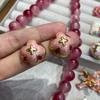 Natural Jade Brazilian Rose Stone Necklace 14Mm Pink Chalcedony Jewelry Set With Bright Color And Ruddy Luster For Women