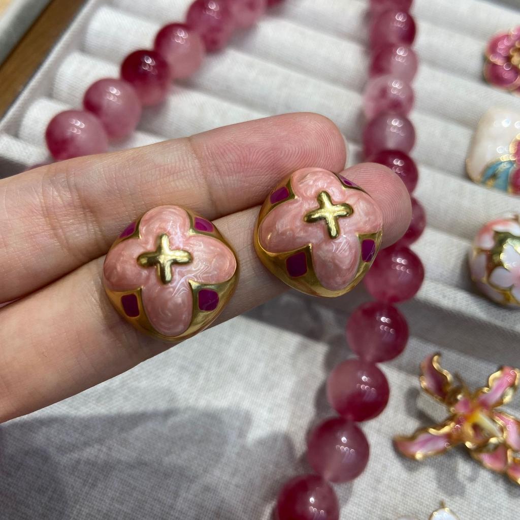 Natural Jade Brazilian Rose Stone Necklace 14Mm Pink Chalcedony Jewelry Set With Bright Color And Ruddy Luster For Women