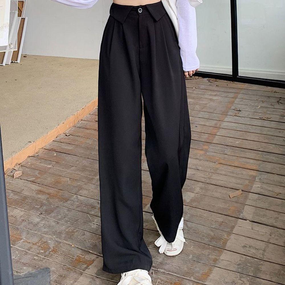 Loose Casual Pants Women Workout Trousers Wide Leg Pants Retro Flip Up Suit Pants  Female