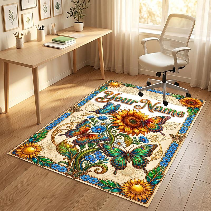 Butterfly Theme Crystal Velvet Rug Personalized Custom Name Text Soft Floor Mat Home Decor