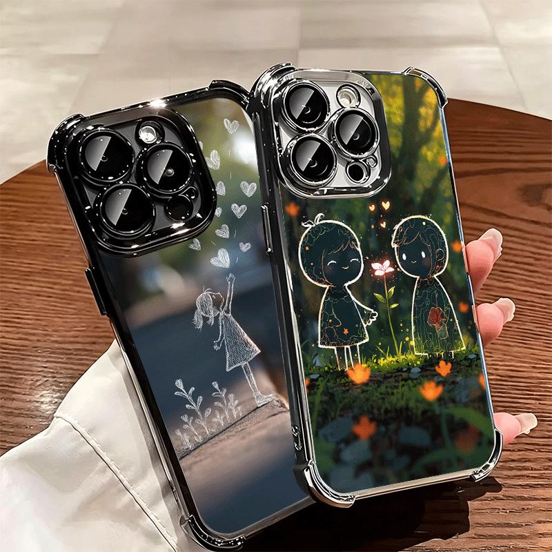 Nature Cute Child Painting Style Plating Phone Case For Iphone 16 17 Pro Max Air 16E 14 15 Plus 12 13 Mini Anti-Fall Airabag Cov