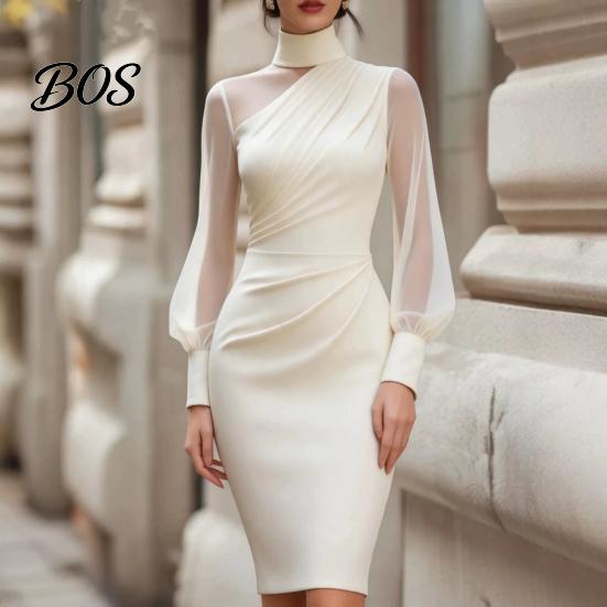 Everyday Casual Dress Women's Mesh Sheer Long Sleeve Mini Dress, Ruched Bodycon Mock Office Wear Women Neck Party Cocktail Formal Wedding Guest