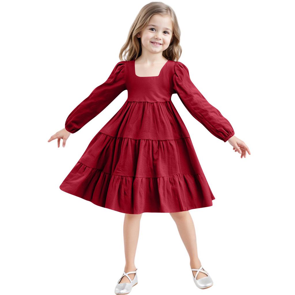 Girls' Fashion Cute Solid-Color Doll-Style Forest-Inspired Long-Sleeve Sweet Dress