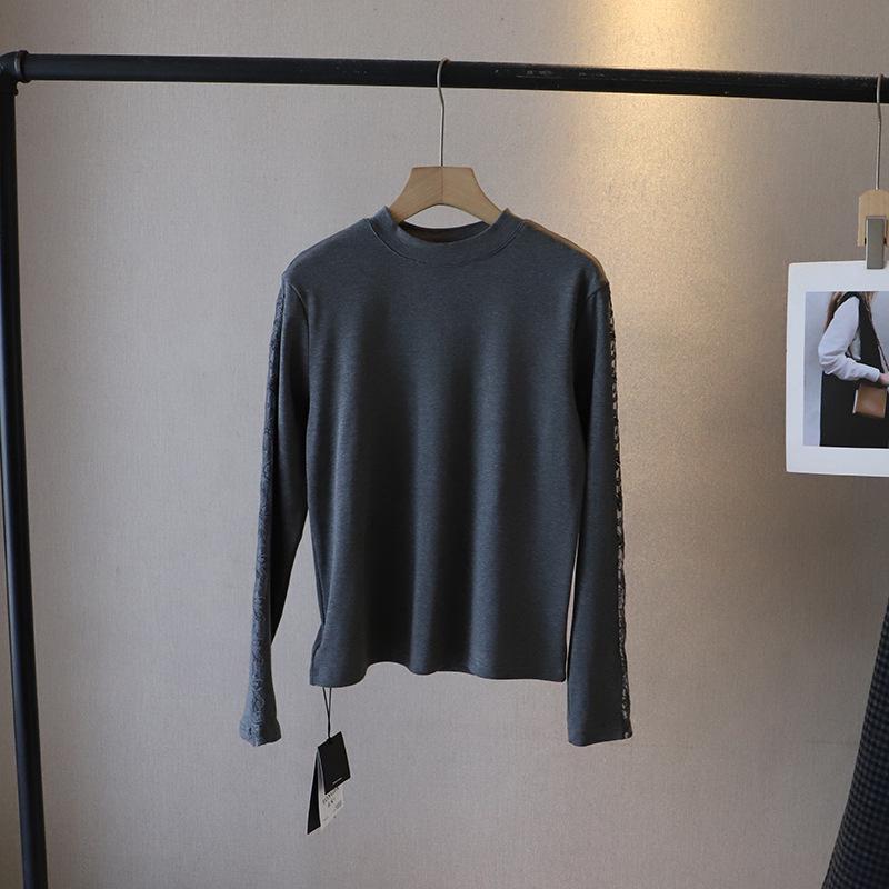 

Bi Zheng 2024 Женская флисовая футболка с круглым вырезом, кружевной вставкой и длинным рукавом для похудения One Size серый