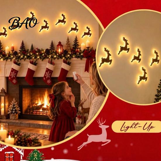 Festive LED Wall Glow Reindeer Decoration, 3D Light-Up Wooden Christmas Silhouette Lights, Warm Backlit Seasonal Interior Lighting Peel And