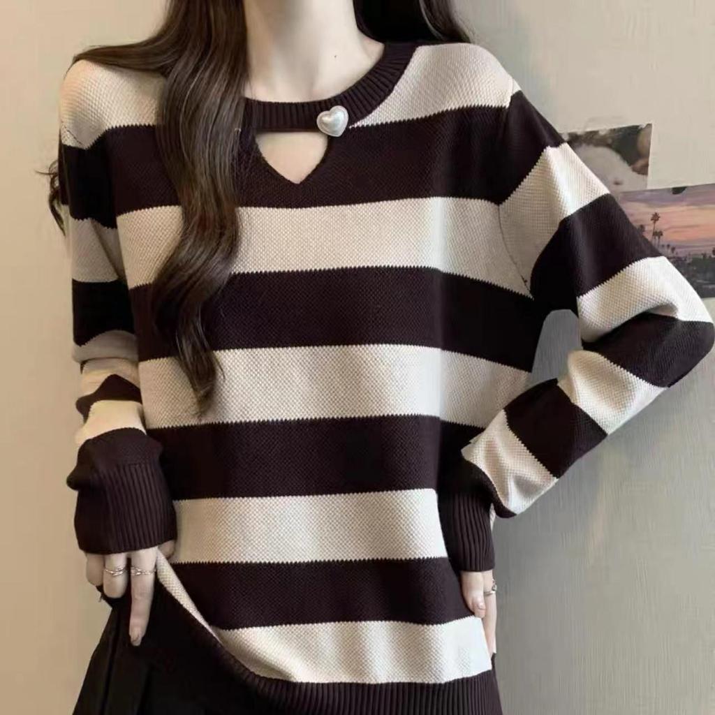 2026 Spring Elegant Striped Knitwear for Women - Plus Size Slimming Sweater Base Layer with Straight Shoulder Design