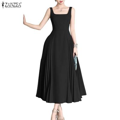 Women Elegant Square Collar Casual Sleeveless A-line Pleated Dress