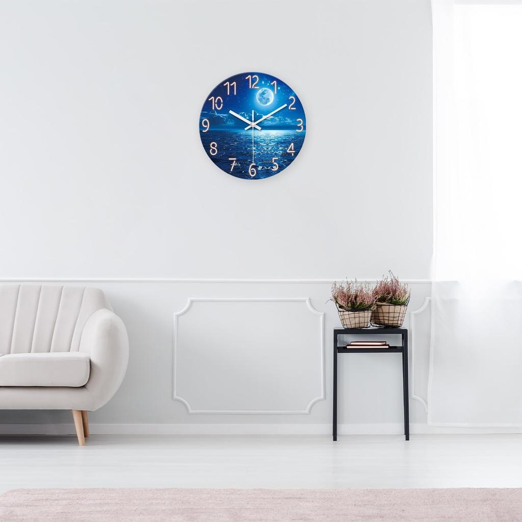 XFM Analog Blue Moon Wall Clock Silent Non Ticking Lake Decorative Wall Clock Battery Operated 12 Inch Glass Wall Clock for Kitchen Living Room