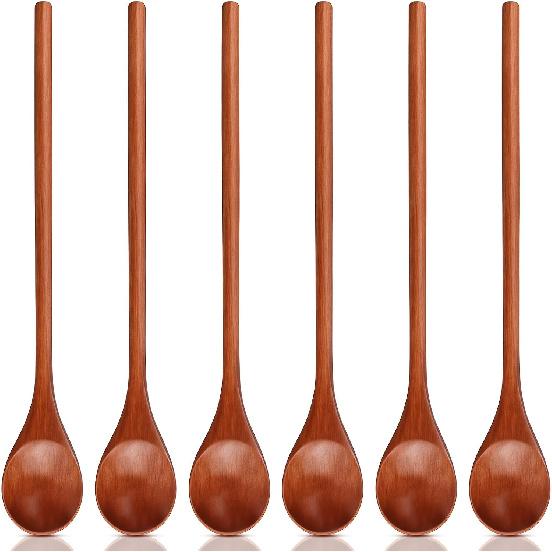 6 Pcs Small Wooden Spoons - Long Handle Mini Wooden Mixing Spoons, Handmade Wood Coffee Stirring Honey Spoon, Wood Iced Tea Spoon Non-Stick Kitchen