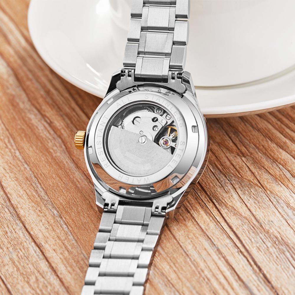 OUYAVEI Herren Automatische Mechanische Uhr Kalender Diamant-Inlay Leuchtend Edelstahl Business Armbanduhr