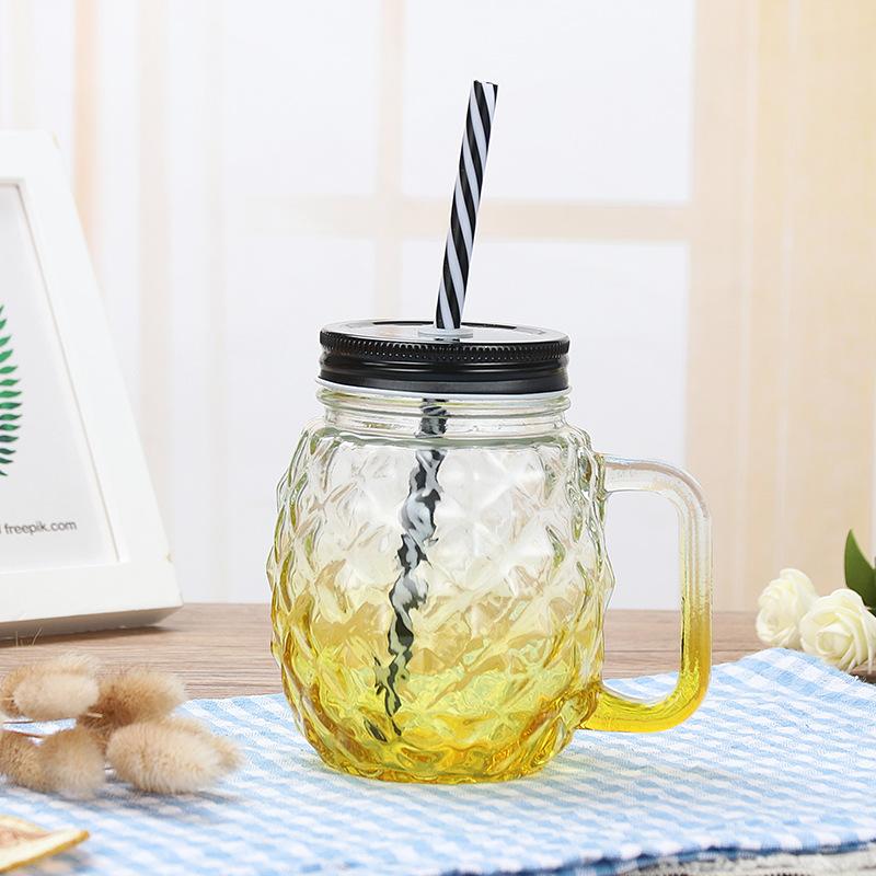 Creative Mason Cup Gradient Glass Drink Pineapple Water Cup with Lid Straw Cup Handle Cup