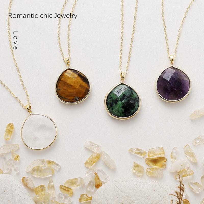 High Quality Simple Natural Stone Crystal Fashion French Light Luxury Water Drop Pendant Copper Plated Real Gold Necklace Jewelry