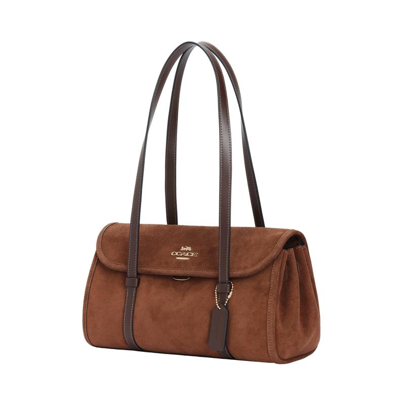 Coach Bridget 35 Hidden Buckle Flap Design Cow Split Leather Shoulder Bag Large Size Women's Brown