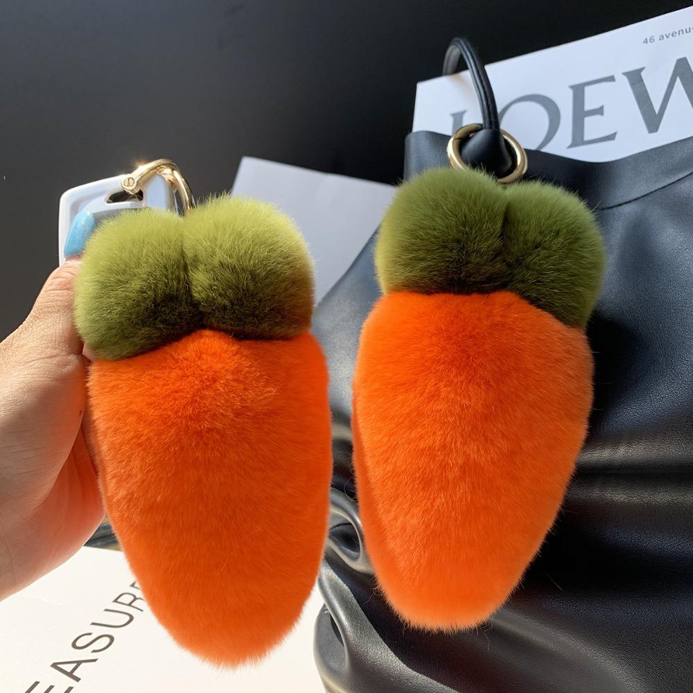 

Bag Charm Rabbit Fur Keychain Cute Fruit Fluffy Ball Pendant Plush Carrot Key Ring Backpack помаранчевий