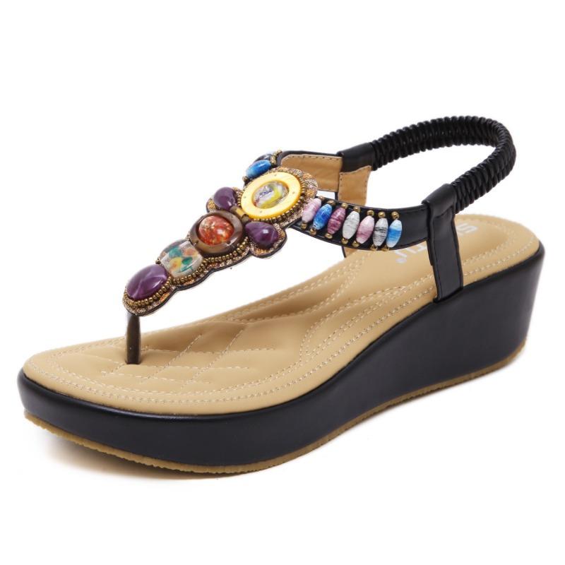 Ethnic Style Sandals Women Beach Bohemian Retro Beaded Slope with Large Size Sandals Drag