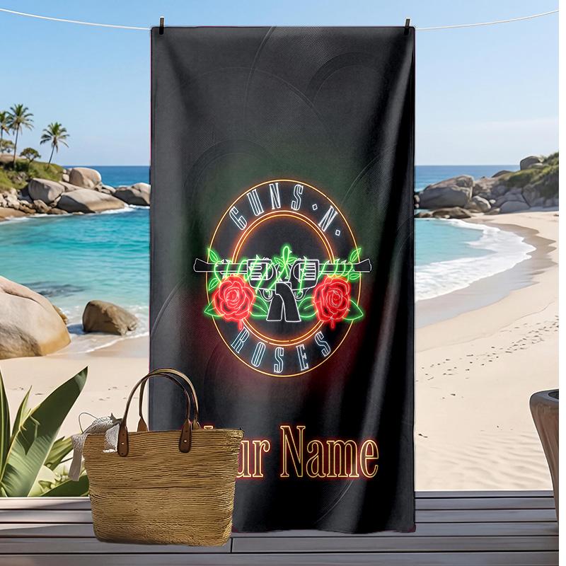 Asciugamano da Spiaggia Personalizzato Guns N’ Roses, Stampa il Tuo Nome Testo Asciugamano Leggero Assorbente per Nuoto Viaggio