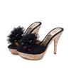 Fashion High-Heeled Shoes Lady Glitter Slides Square Heel Slippers Women Summer Fashion Low Peep Toe Flower Pantofle Jelly Block Luxury