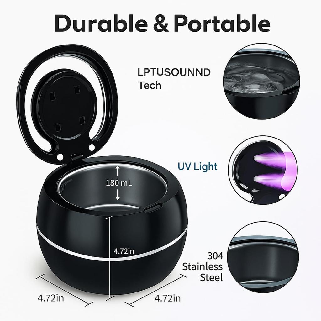 Ultrasonic Multi-functional Denture & Jewelry Cleaner with Purple Light, 180ml Capacity