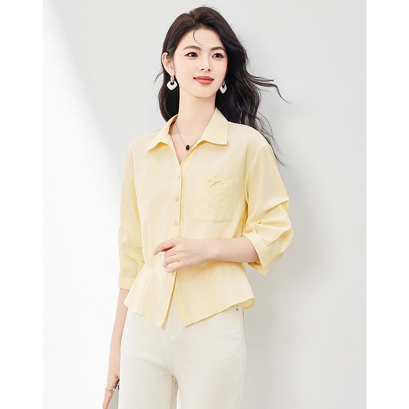 Relaxing commuting collar and waist cinching simple shirt