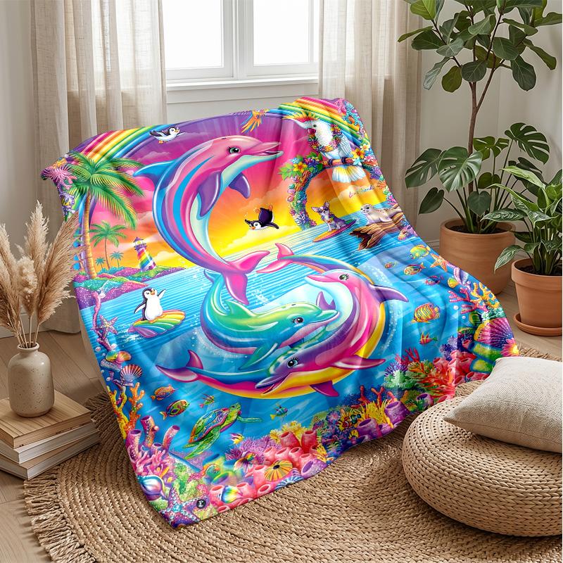 Rainbow Dolphins Paradise 1 Theme blanket Lightweight Warm Flannel Blanket Decorative Throw Blanket for Home Decoration