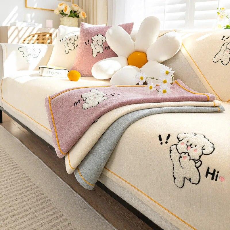 Nordic Cartoon Dog Chenille Sofa Mat Non-slip Sofa Towel Couch Cushion Cover Four Seasons Universal Simplicity Couch Slipcovers