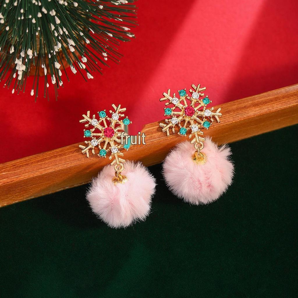 Festliche Schneeflocken-Ohrringe mit eingelegten Diamanten & Pompon-Anhänger