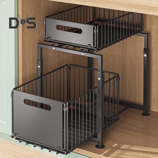 Kitchen Storage Rack Strong Load-bearing Large Capacity Adjustable Height 2-Tier Under-Sink Organizer with Pull-Out Drawers