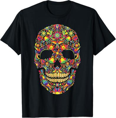 T-shirt Grafica Colorata Teschio di Zucchero Uccelli Dia De Los Muertos T-shirt Casual Manica Corta