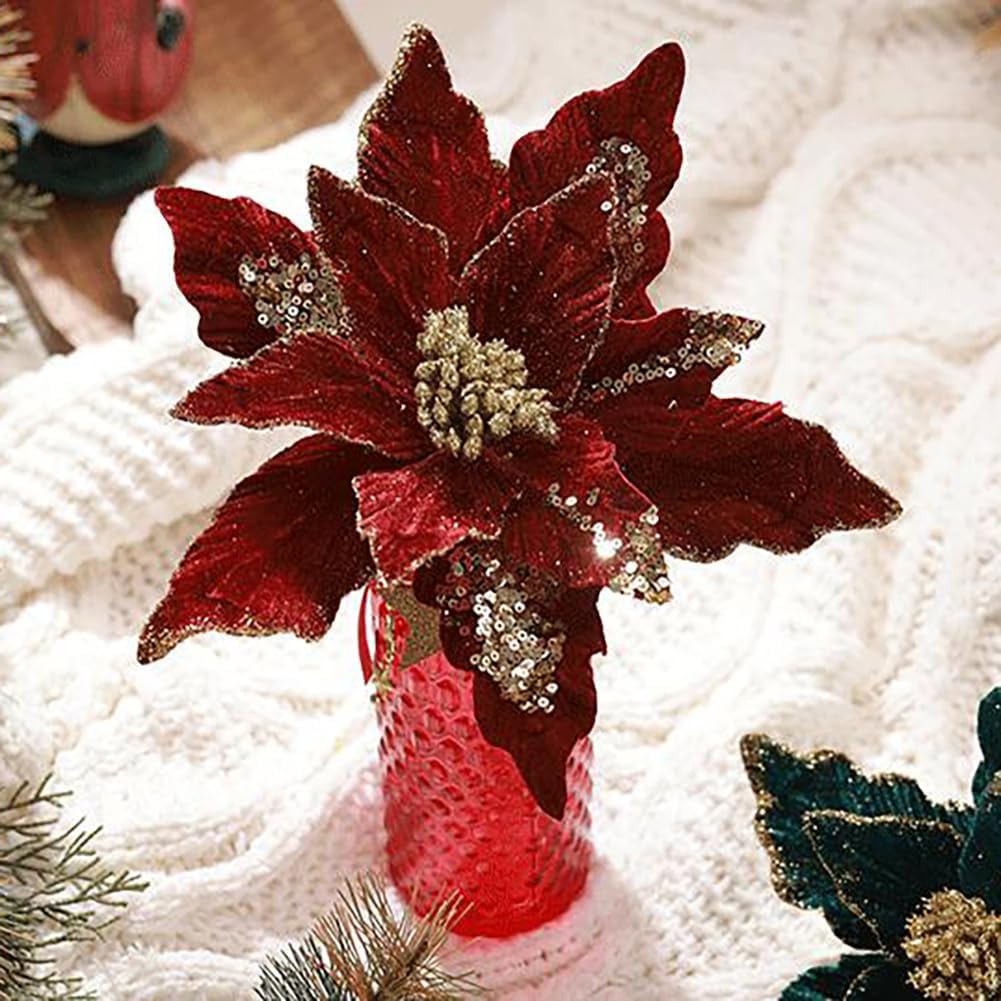 vctops 6 Pcs Christmas Poinsettia Artificial Flowers Shining Glitter Artificial Flower for Xmas Tree Wreath Ornaments New Year Wedding Party Holiday