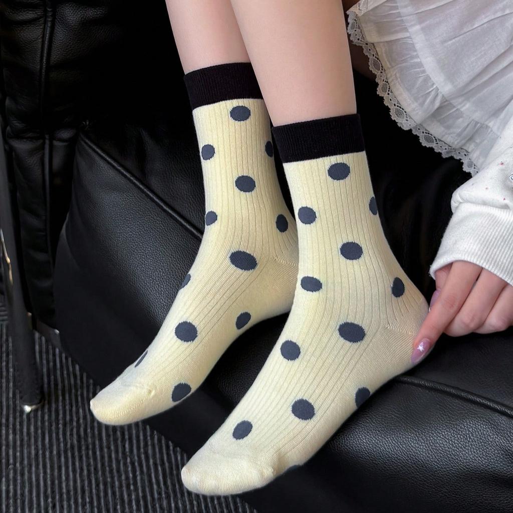 6 Pairs of Women'S Socks with Contrasting Colors, Polka Dots, in Candy Colors, Cute And Stylish, Mid-Calf Length, Korean Style