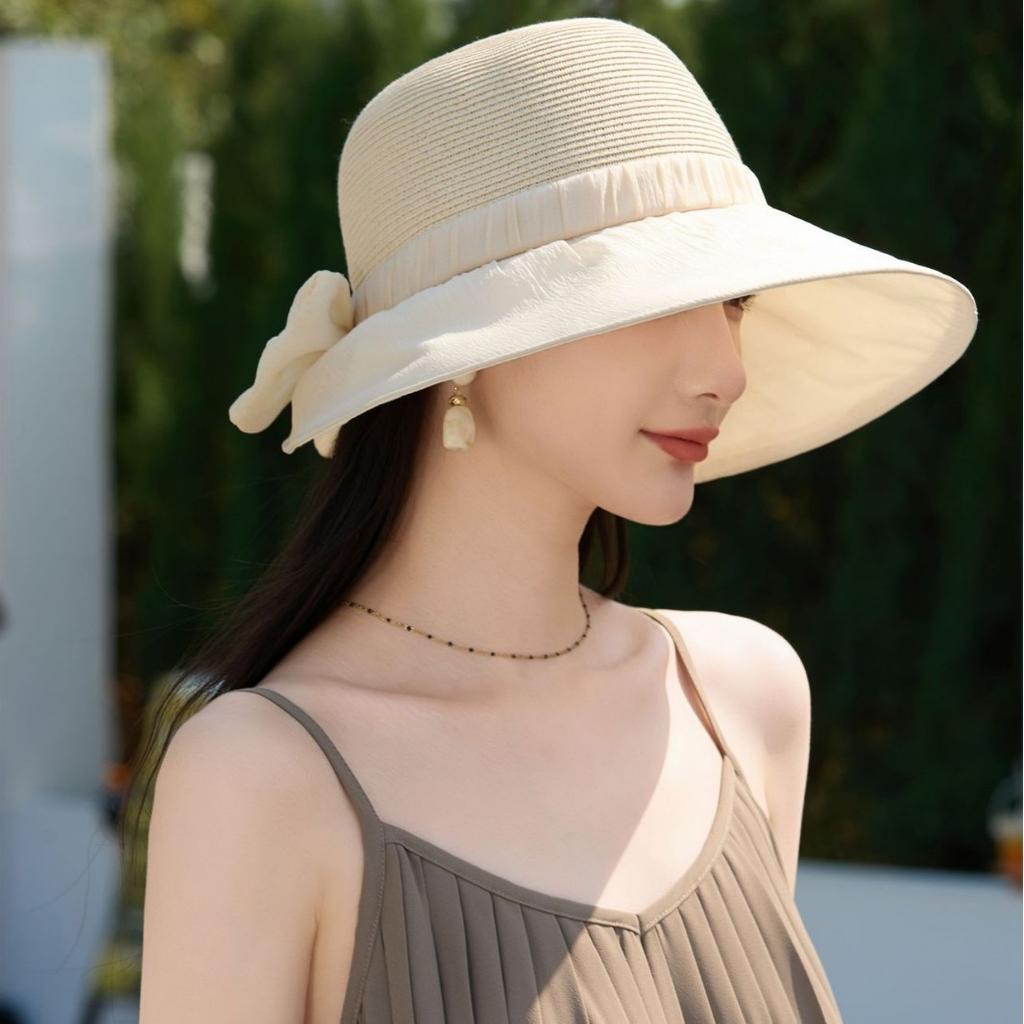 Sun hat women's summer sun protection UV protection sun hat breathable straw hat face small bow foldable hat