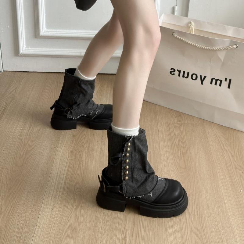 Design sense niche denim trouser boots women's spring and summer new medium tube cigarette casual thick-soled Martin boots