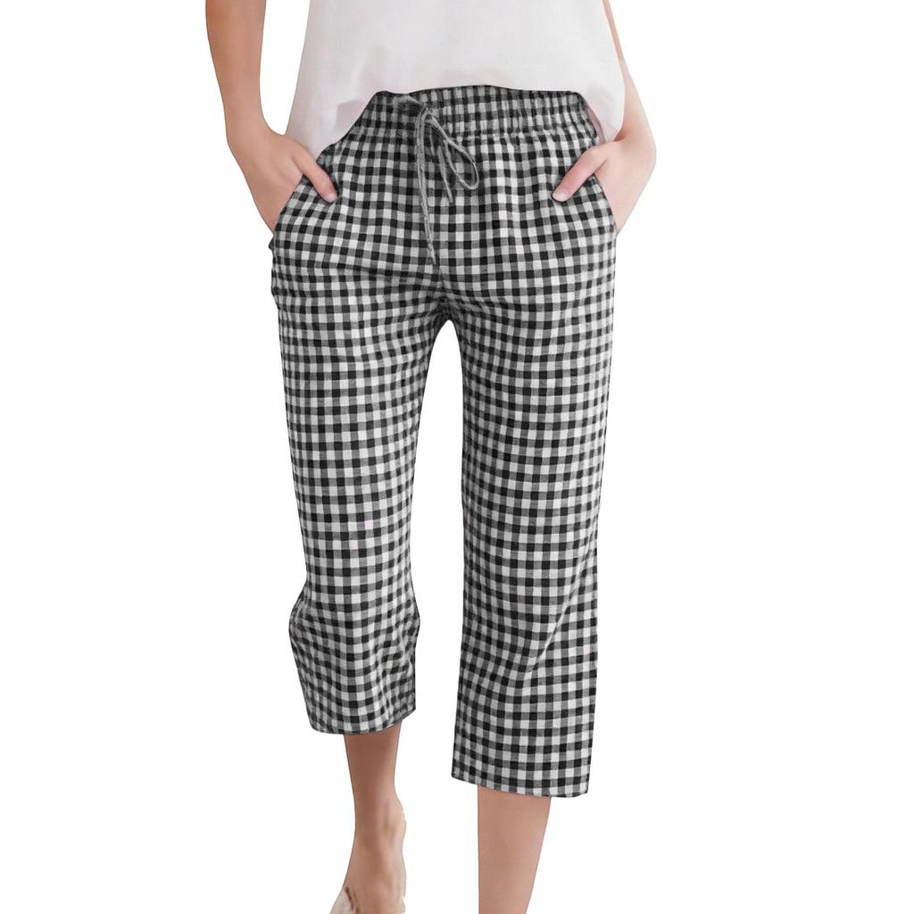 Women's Fashion Tartan Print Elastic Waistband Pocket Loose Casual Seven-Eighths 7/10 PantS