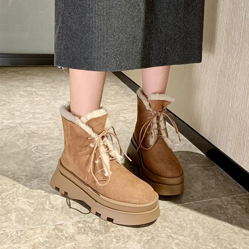 2025 New Women Ankle Boots Winter Warm Outdoor Leisure Working Fur Snow Boots Wedges Heels Platforms Lace-Up Shoes Woman