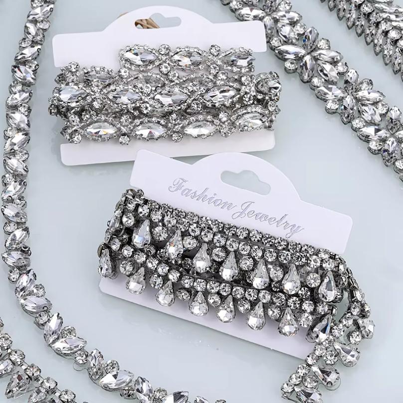1pc Motif Rhinestone Ribbon Hot Fix Glass Crystal Rhinestone Trim Chain for DIY Shoes, bags, Dresses Decoration