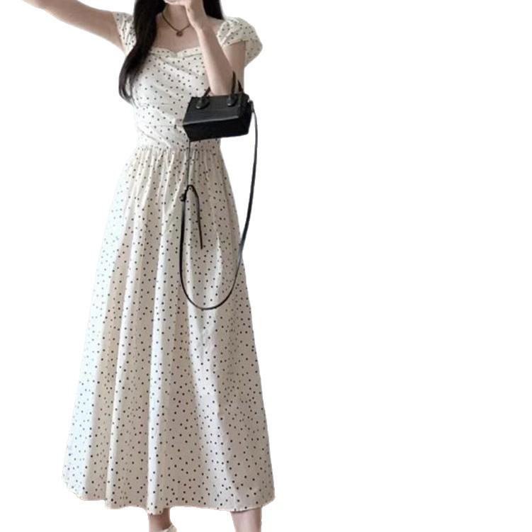 Elegant Polka Dot Puff Sleeve Dress: Slim Waist, Loose A-Line, Korean College Style