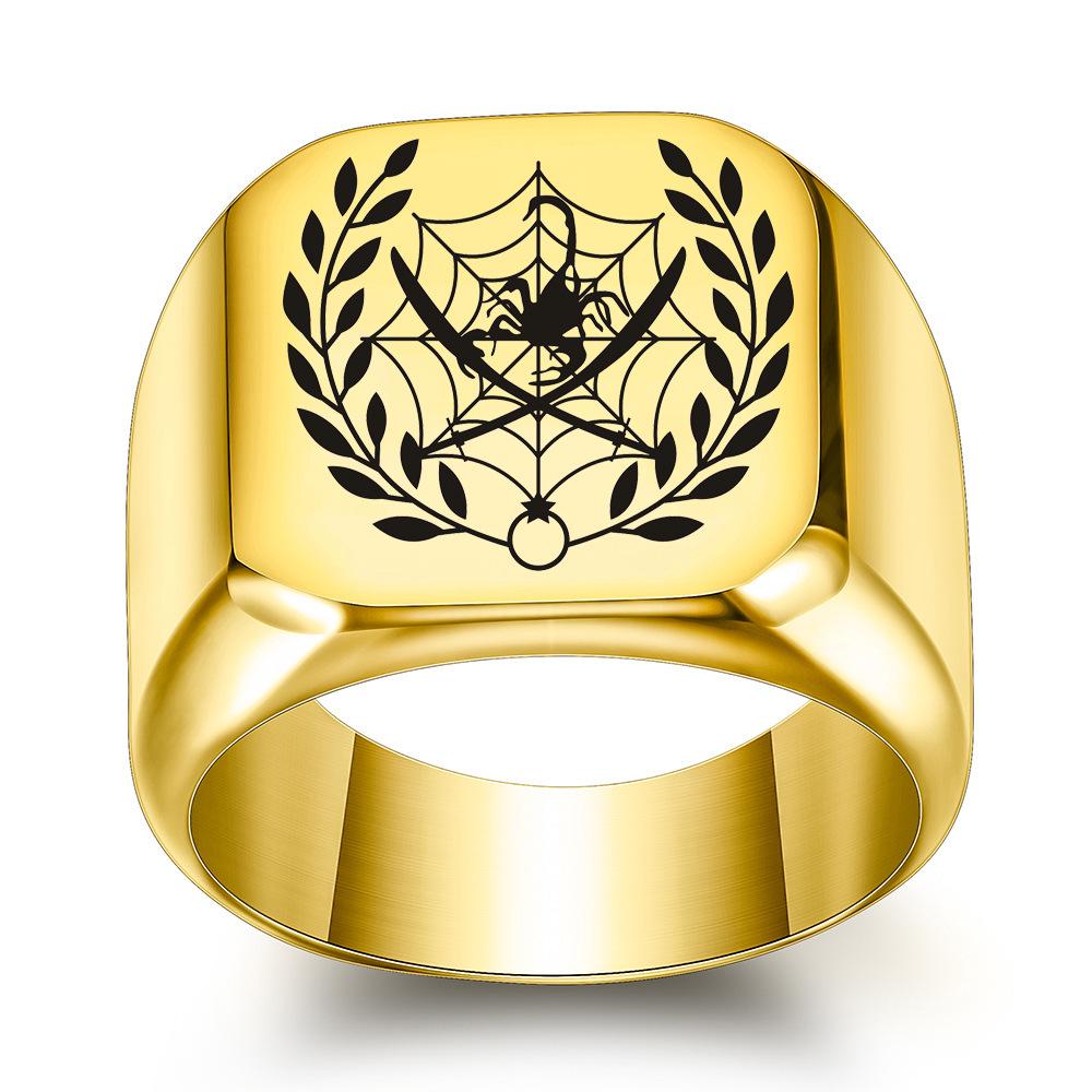 Stainless Steel 18MM Laser Engraved Scorpion Leaf Square Ring for Women Size 10