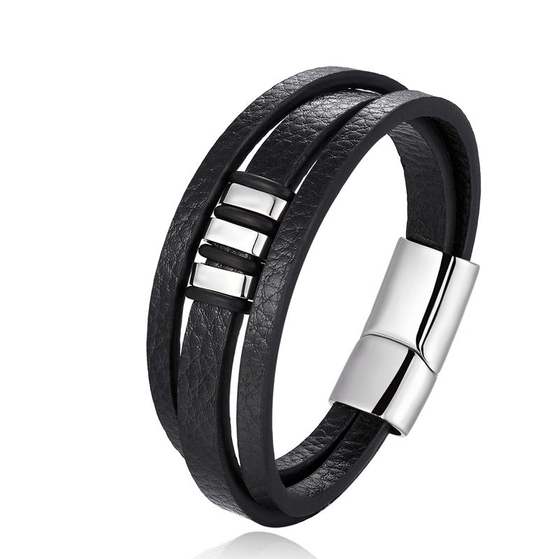 Fashion Unisex Multi-layer Woven Leather And Stainless Steel Combination Men's Leather Bracelet Black Brown Male Jewelry Gift