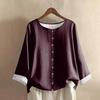 Women's Casual Long-sleeved Round Neck Solid Color Cotton And Linen Top