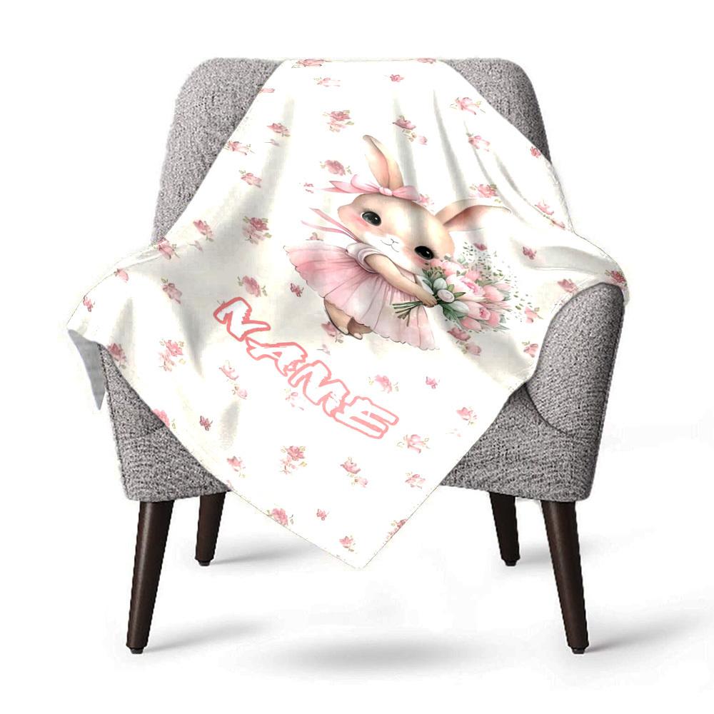 Bunny With Flowers Home Customize Your Name Blankets Comfortable Soft Lightweight Allseason Multipurpose Blanket For Picnics Sofas Offices Beds Living