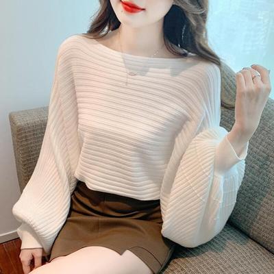 Long Lantern Sleeve Pullover Women Knitted Sweater One-word Collar Fashion Loose Tops Autumn Elegant Casual Simple Jumper 29305