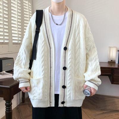 Autumn and Winter College Style Cardigan Sweater Jacket Men's Loose Knitted Threaded Top