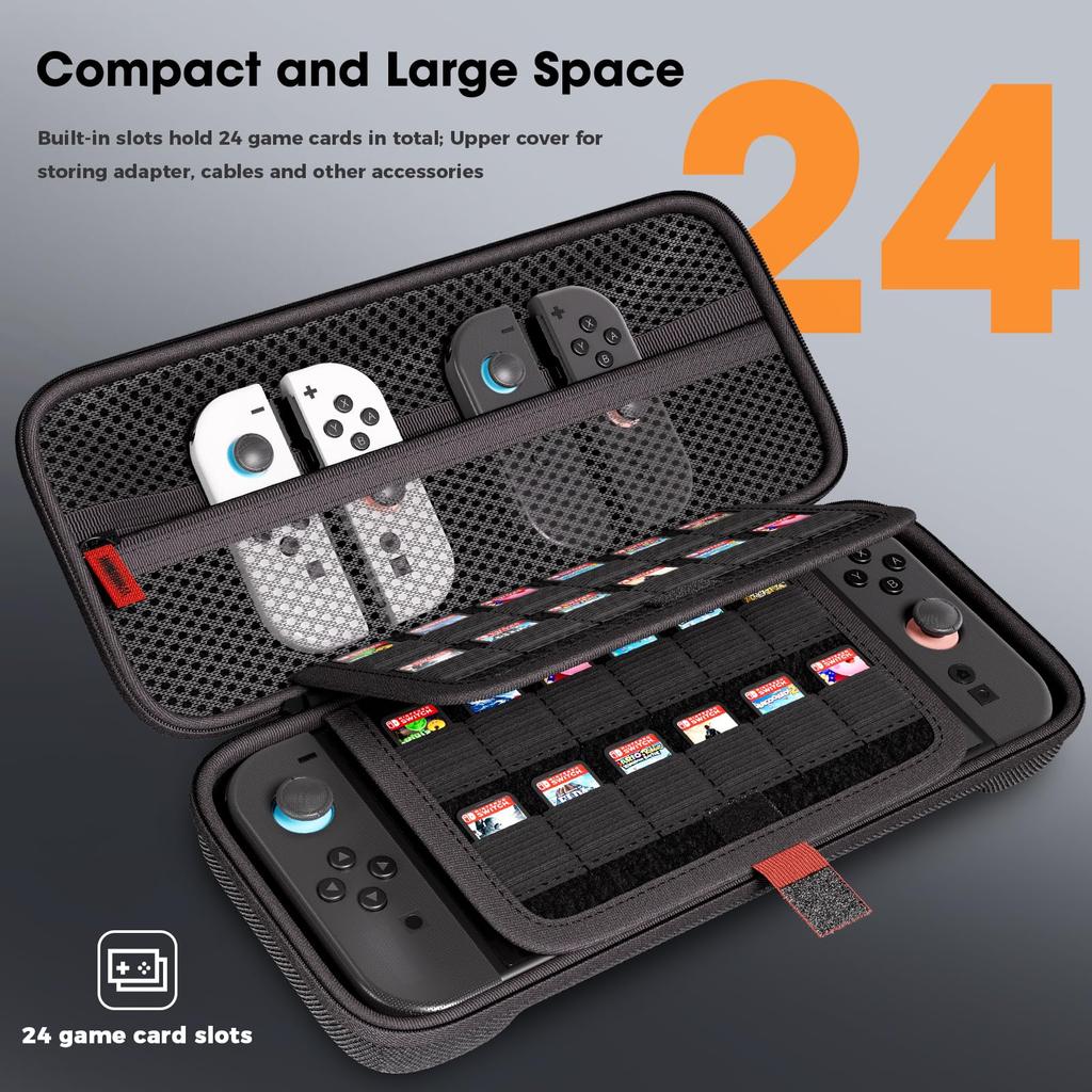 ProCase kompatibilis a Switch 2 tárolótáskával, játékkártyával, 24 kiegészítő tárolására alkalmas, ütésálló nyílással, kártyákkal, tokkal,