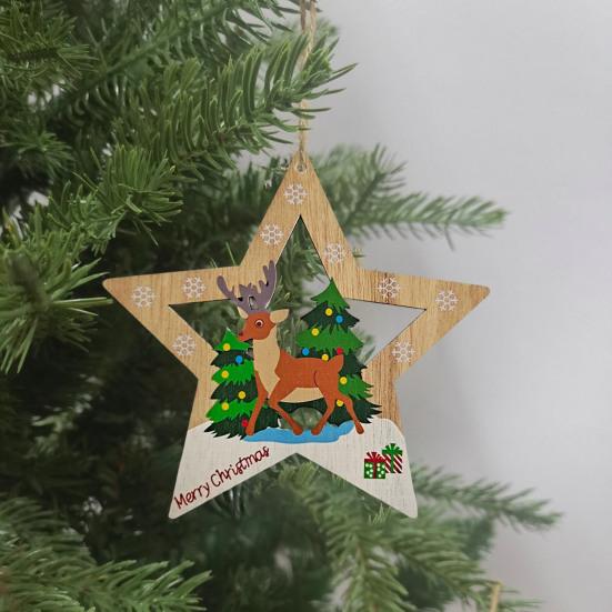 1/4Pcs Christmas Ornament Wooden Star-Shaped Pendant Set with Reindeer Santa Snowman Elk Patterns Hanging Decoration