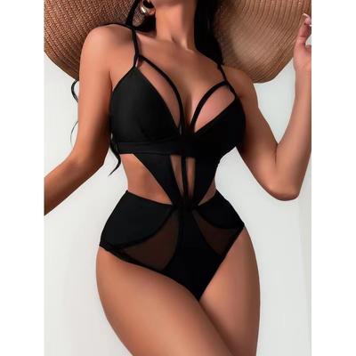 One Piece Swimsuit Women Swimwear Solid Black Pink Mesh Patchwok Sexy Bathing Suit Brazilian Beachwear