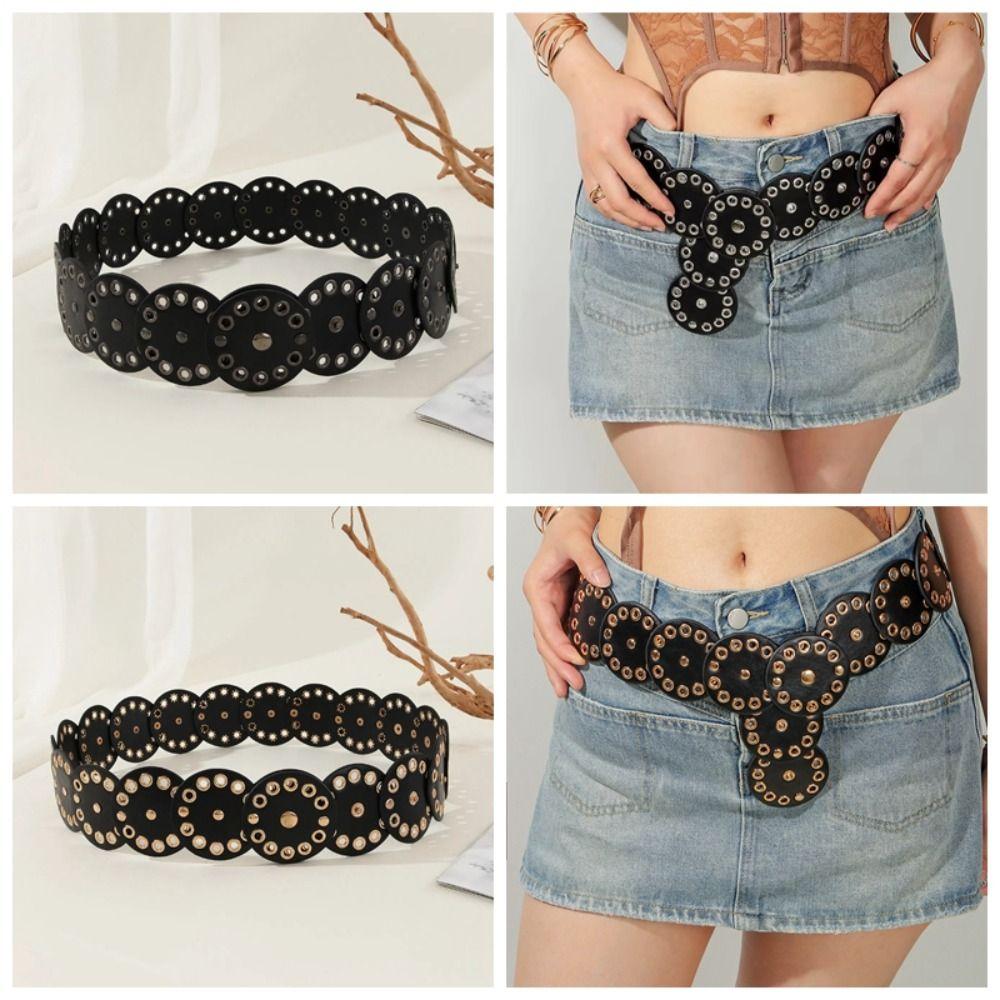 Retro Rivet Wide Belt Y2k Concho Waistband Fashion Disc PU Hollow Belt  Girls