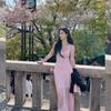 Französisches rosa Spitzenkleid Damen Sommer Neu Urlaubsstil Altersmilderndes Temperament Ärmellos Taille A-Linie Langkleid