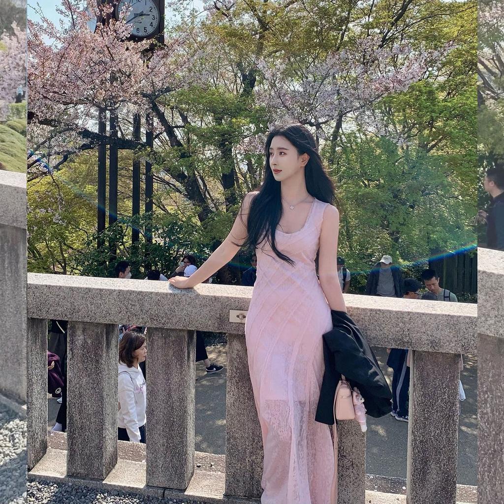 Französisches rosa Spitzenkleid Damen Sommer Neu Urlaubsstil Altersmilderndes Temperament Ärmellos Taille A-Linie Langkleid